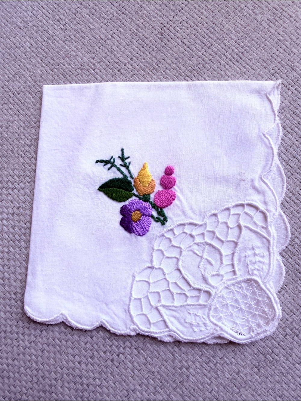 White Embroidered Floral Handkerchief - Purple, Pink, Yellow